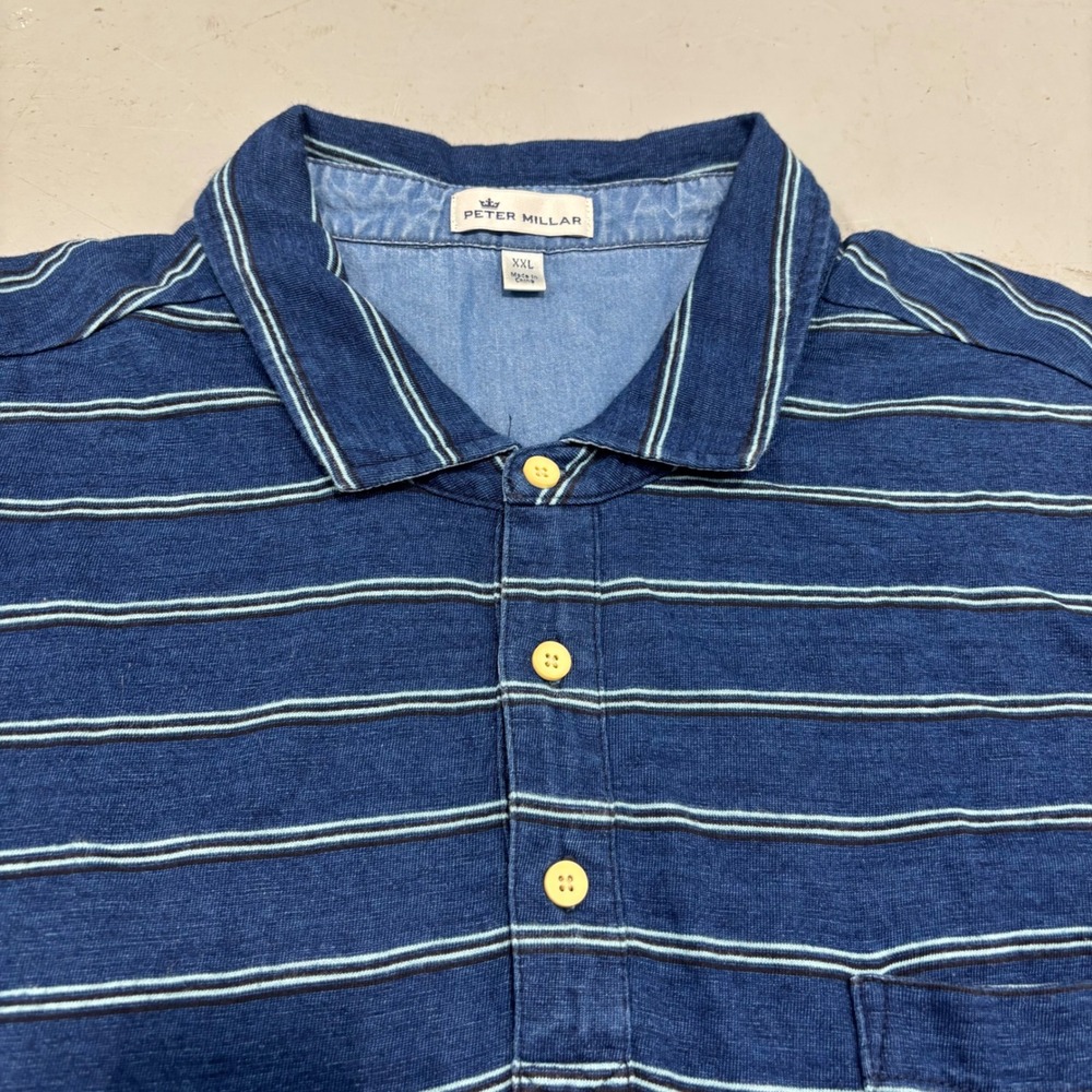 Peter Millar Mens XXL Blue Striped Short Sleeve Pocket Polo Shirt Casual XXL
